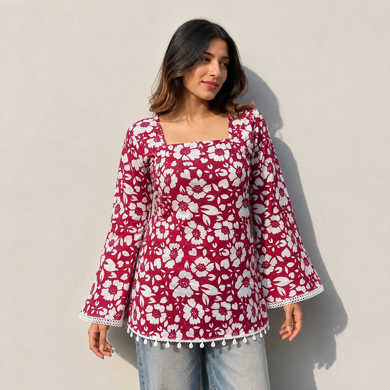 Women Floral Printed Maroon Short Kurti with Square Neck, Full Bell Sleeves, Back Dori, Kodi & Lace Detailing | Stylish Ethnic Tunic for Women