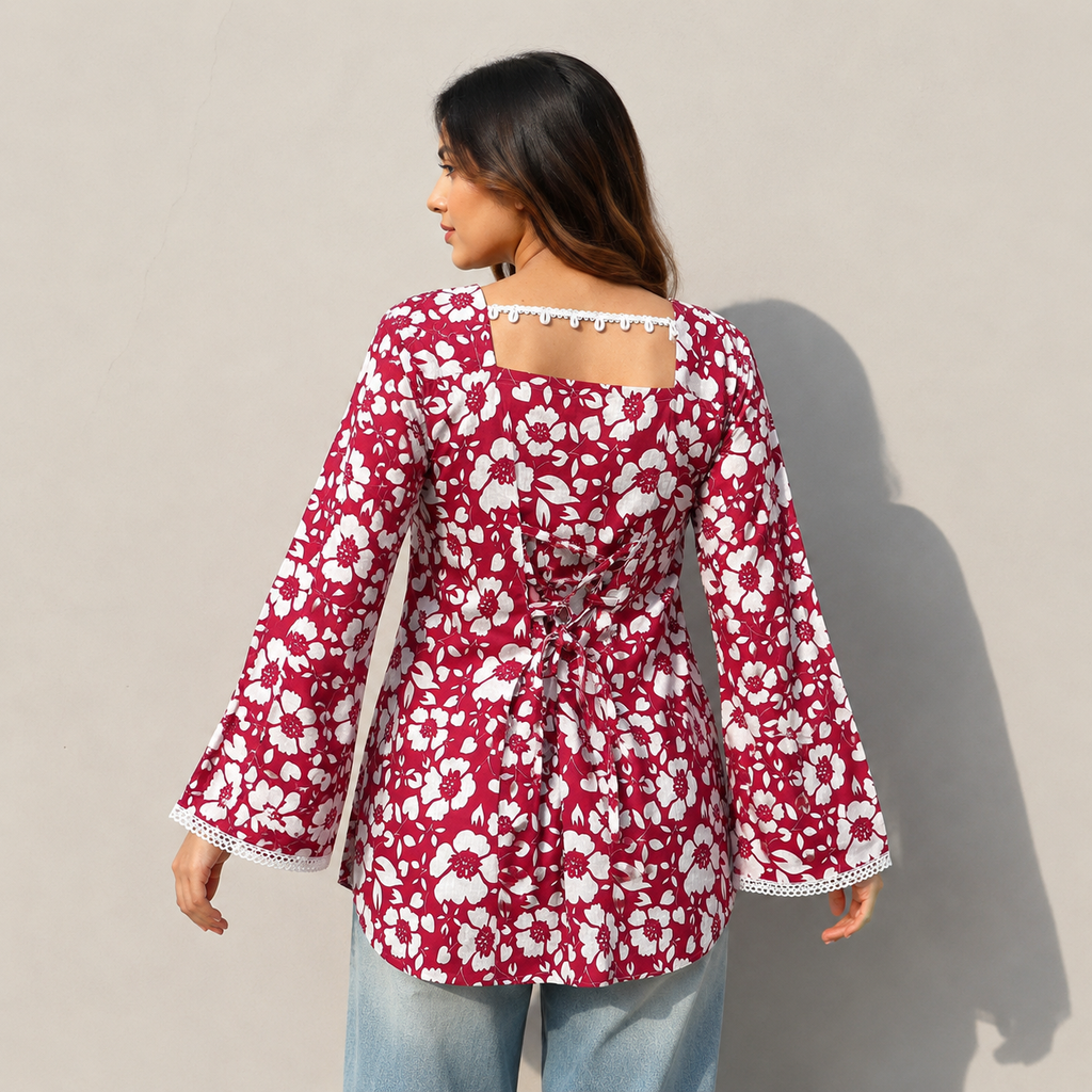 Floral Printed Maroon Short Kurti for Women