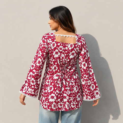 Women Floral Printed Maroon Short Kurti with Square Neck, Full Bell Sleeves, Back Dori, Kodi & Lace Detailing | Stylish Ethnic Tunic for Women