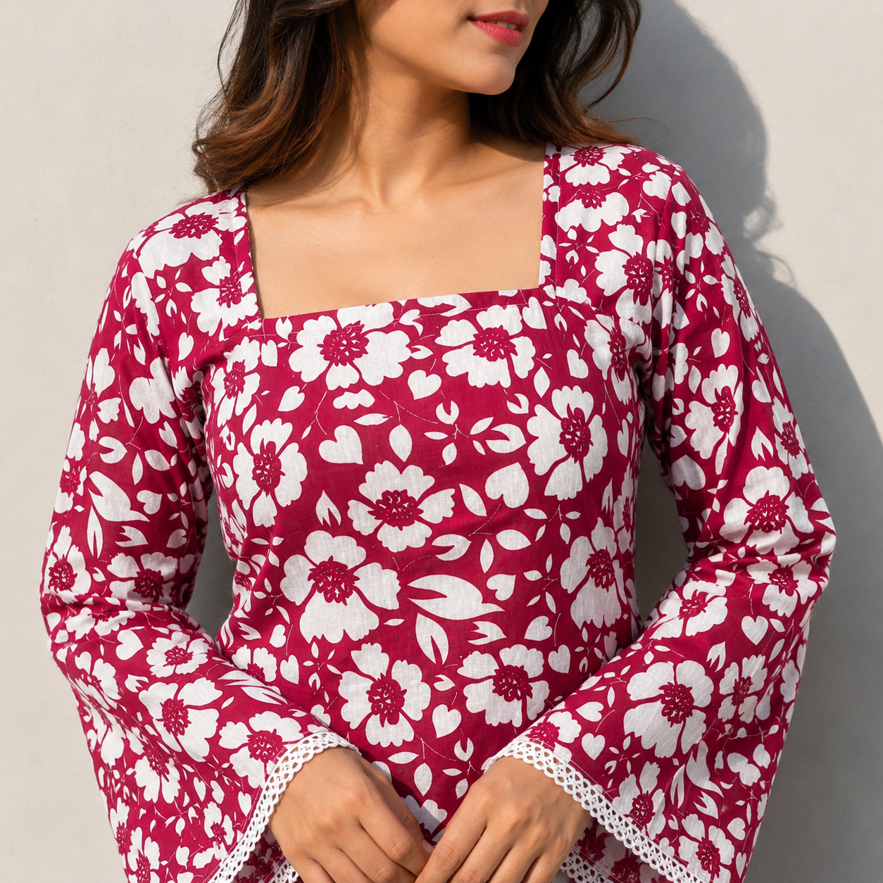 Women Floral Printed Maroon Short Kurti with Square Neck, Full Bell Sleeves, Back Dori, Kodi & Lace Detailing | Stylish Ethnic Tunic for Women