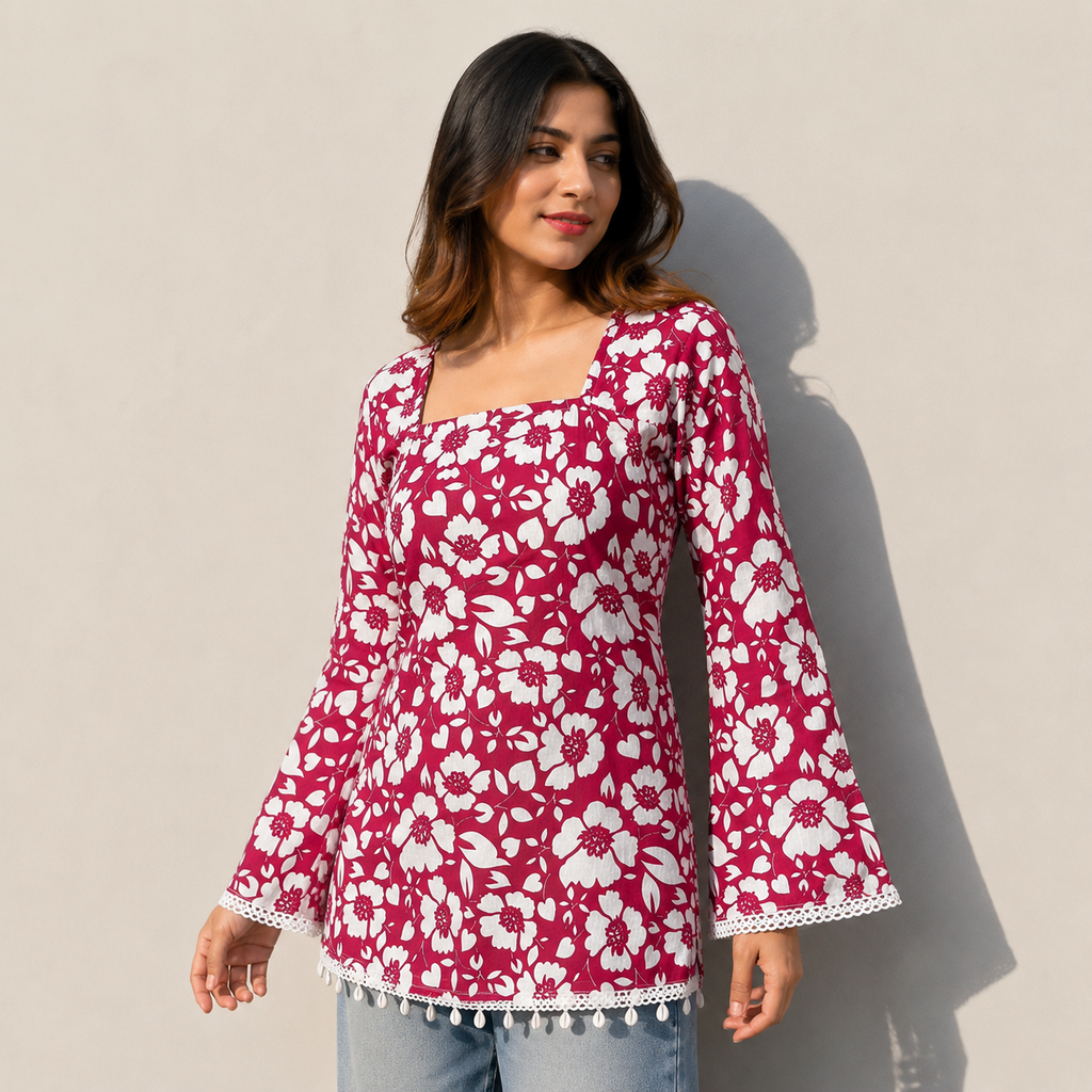 Floral Printed Maroon Short Kurti for Women