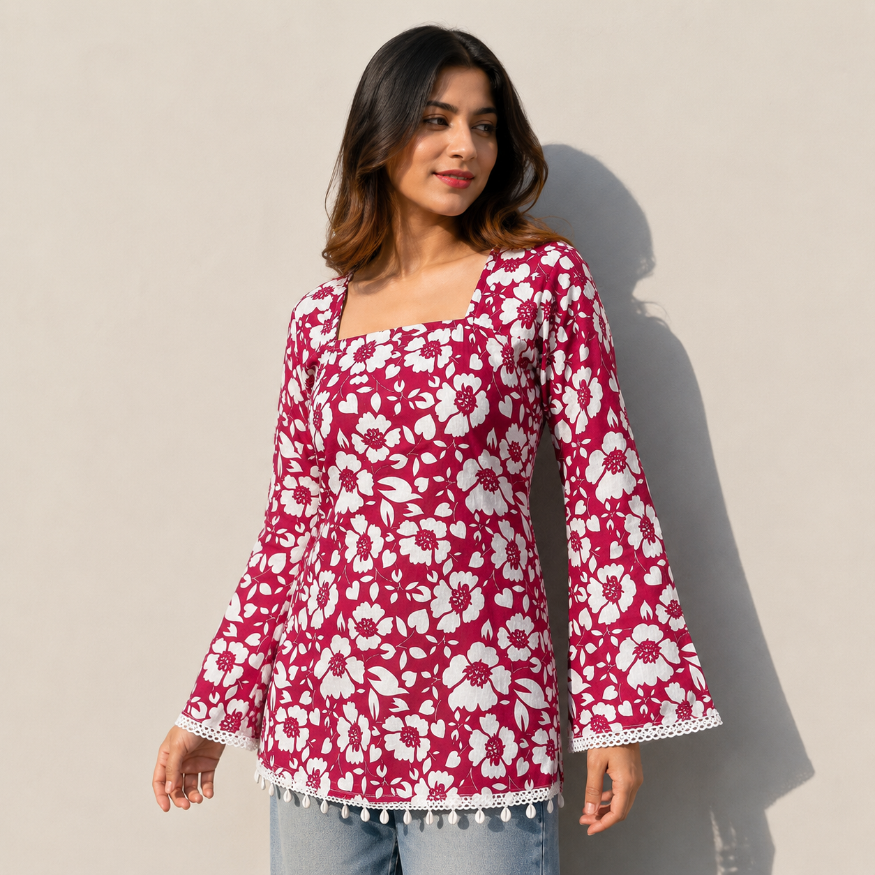 Women Floral Printed Maroon Short Kurti with Square Neck, Full Bell Sleeves, Back Dori, Kodi & Lace Detailing | Stylish Ethnic Tunic for Women