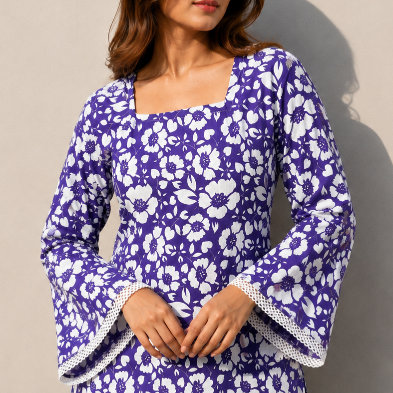Women Floral Printed Purple and Yellow Cotton Short Kurti Combo Pack of 2 | Square Neck | Full Bell Sleeves | Back Dori | Kodi Lace Detailing
