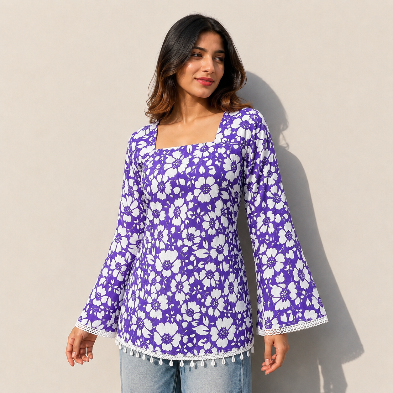 Women Floral Printed Purple Short Kurti with Square Neck, Full Bell Sleeves, Back Dori, Kodi & Lace Detailing | Stylish Ethnic Tunic for Women