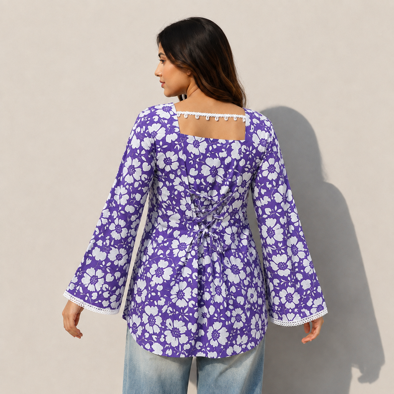 Women Floral Printed Purple Short Kurti with Square Neck, Full Bell Sleeves, Back Dori, Kodi & Lace Detailing | Stylish Ethnic Tunic for Women