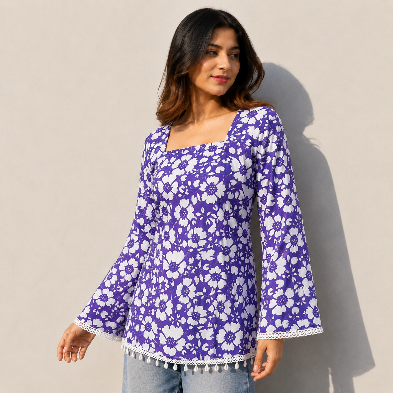 Women Floral Printed Purple Short Kurti with Square Neck, Full Bell Sleeves, Back Dori, Kodi & Lace Detailing | Stylish Ethnic Tunic for Women