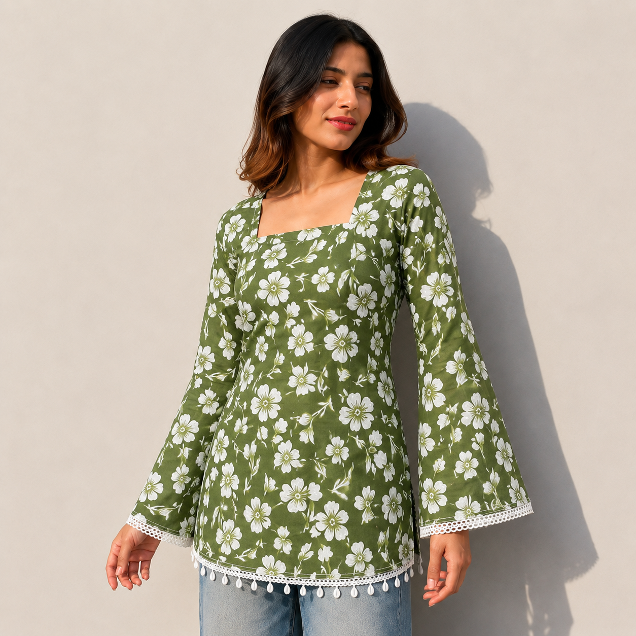 Women Floral Printed Olive Green Short Kurti with Square Neck, Full Bell Sleeves, Back Dori, Kodi & Lace Detailing | Stylish Ethnic Tunic for Women