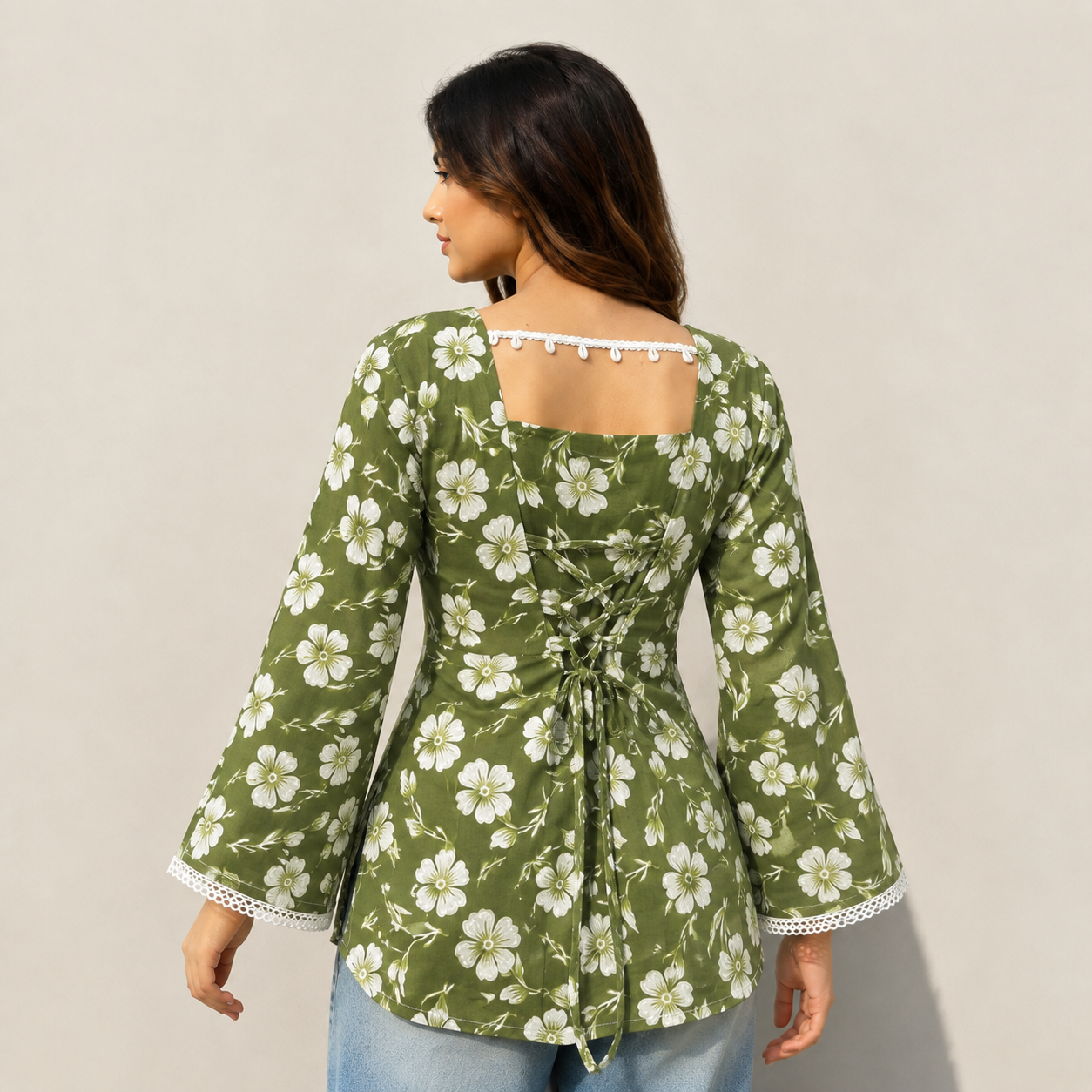 Women Floral Printed Olive Green Short Kurti with Square Neck, Full Bell Sleeves, Back Dori, Kodi & Lace Detailing | Stylish Ethnic Tunic for Women