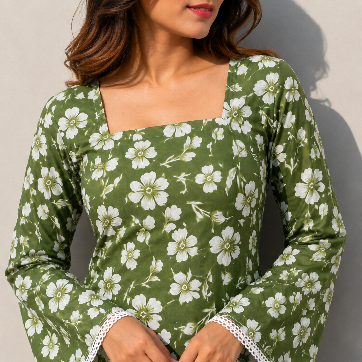 Women Floral Printed Olive Green Short Kurti with Square Neck, Full Bell Sleeves, Back Dori, Kodi & Lace Detailing | Stylish Ethnic Tunic for Women