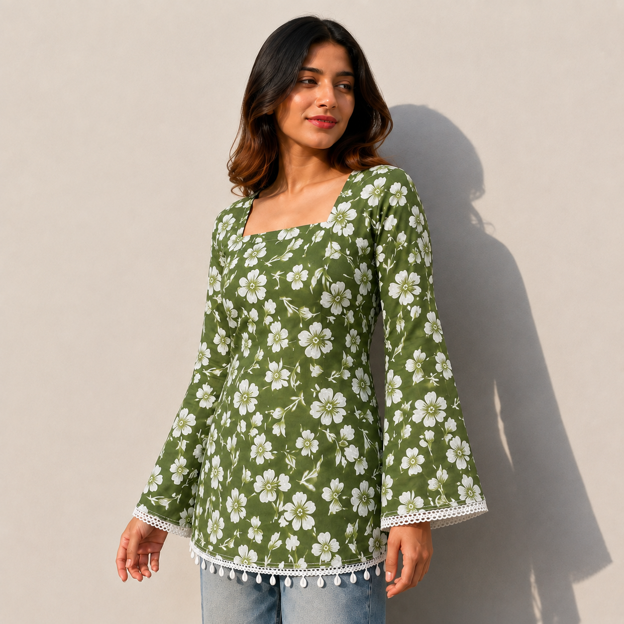 Women Floral Printed Olive Green Short Kurti with Square Neck, Full Bell Sleeves, Back Dori, Kodi & Lace Detailing | Stylish Ethnic Tunic for Women
