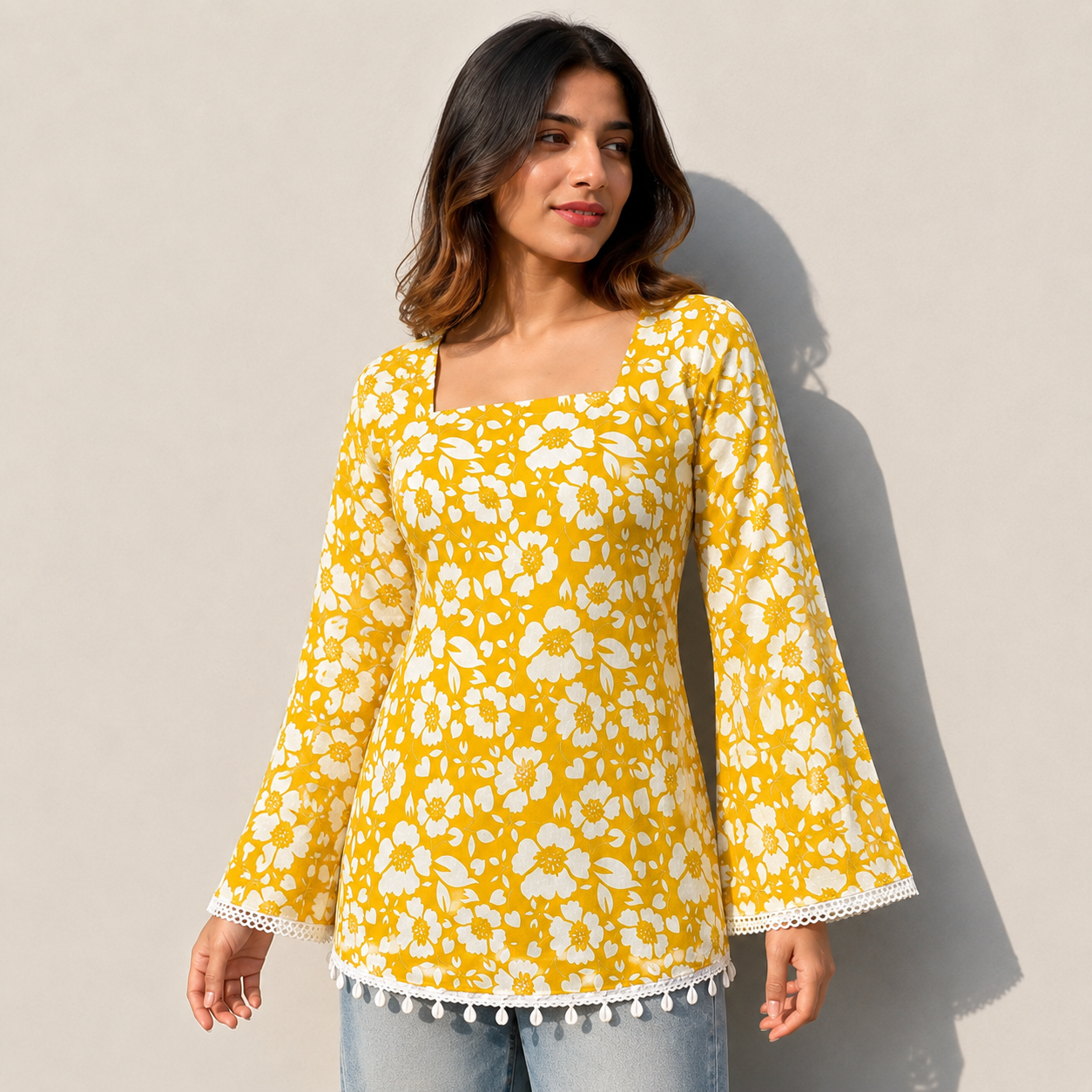 Women Floral Printed Yellow Short Kurti with Square Neck, Full Bell Sleeves, Back Dori, Kodi & Lace Detailing | Stylish Ethnic Tunic for Women