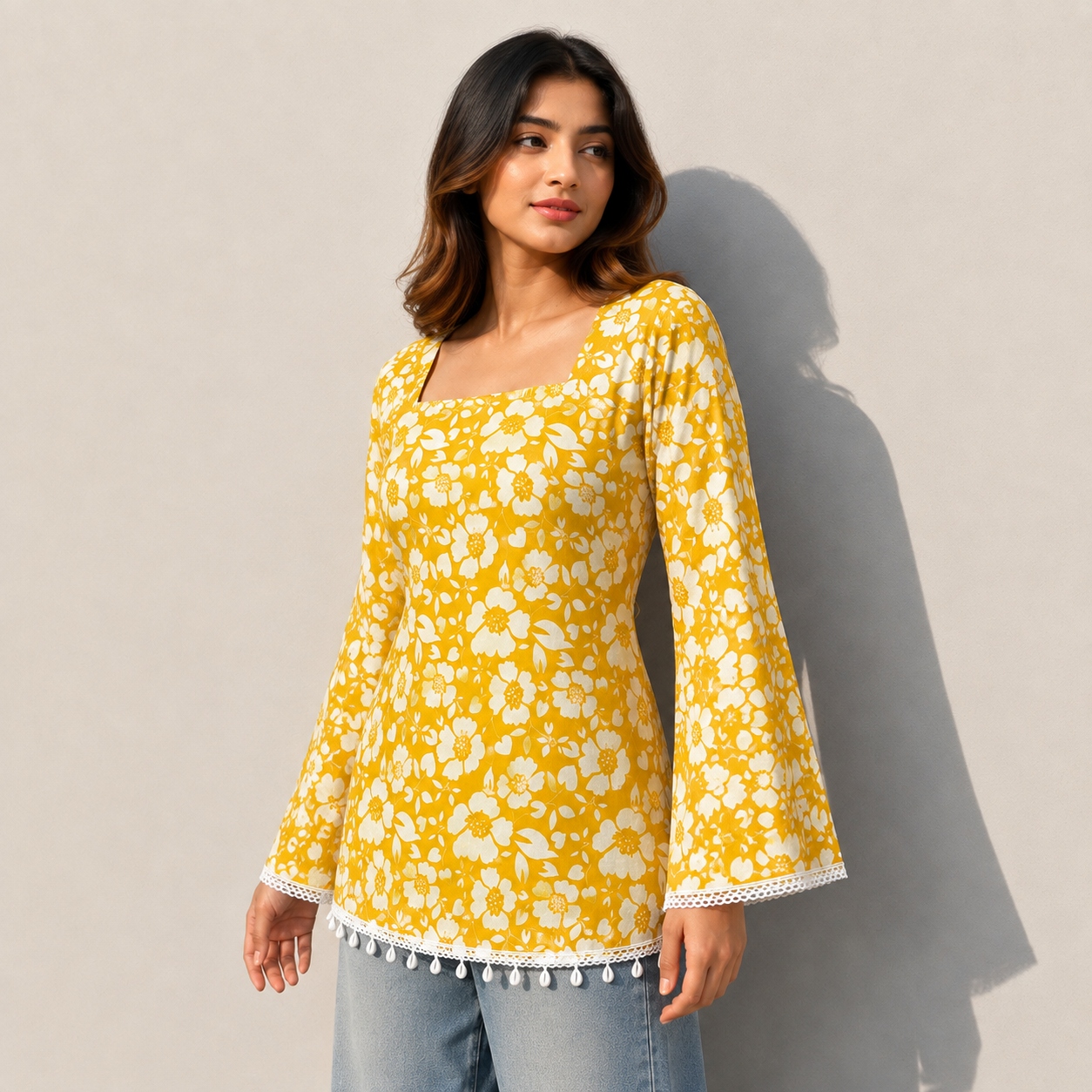 Women Floral Printed Yellow Short Kurti with Square Neck, Full Bell Sleeves, Back Dori, Kodi & Lace Detailing | Stylish Ethnic Tunic for Women