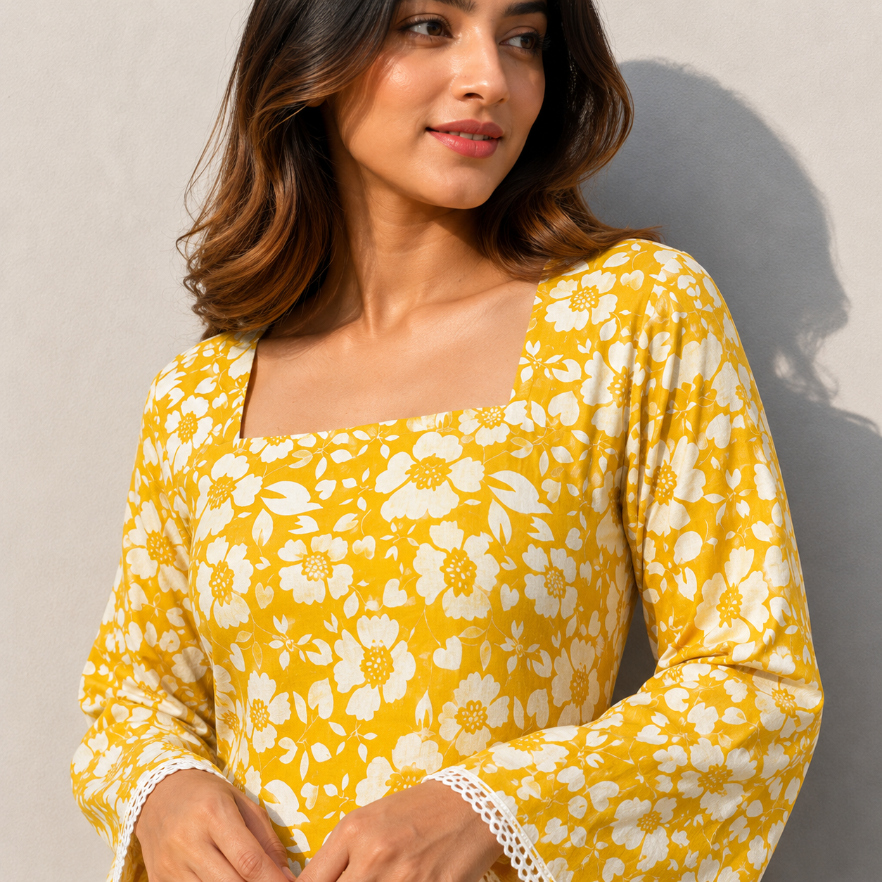 Women Floral Printed Yellow Short Kurti with Square Neck, Full Bell Sleeves, Back Dori, Kodi & Lace Detailing | Stylish Ethnic Tunic for Women