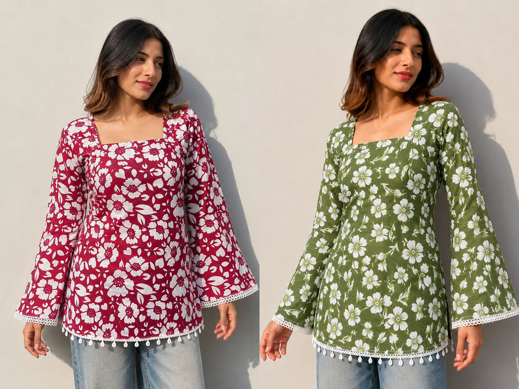 Floral Printed Maroon and Olive Green Cotton Short Kurti for Women | Combo Pack of 2