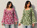 Floral Printed Maroon and Olive Green Cotton Short Kurti for Women | Combo Pack of 2