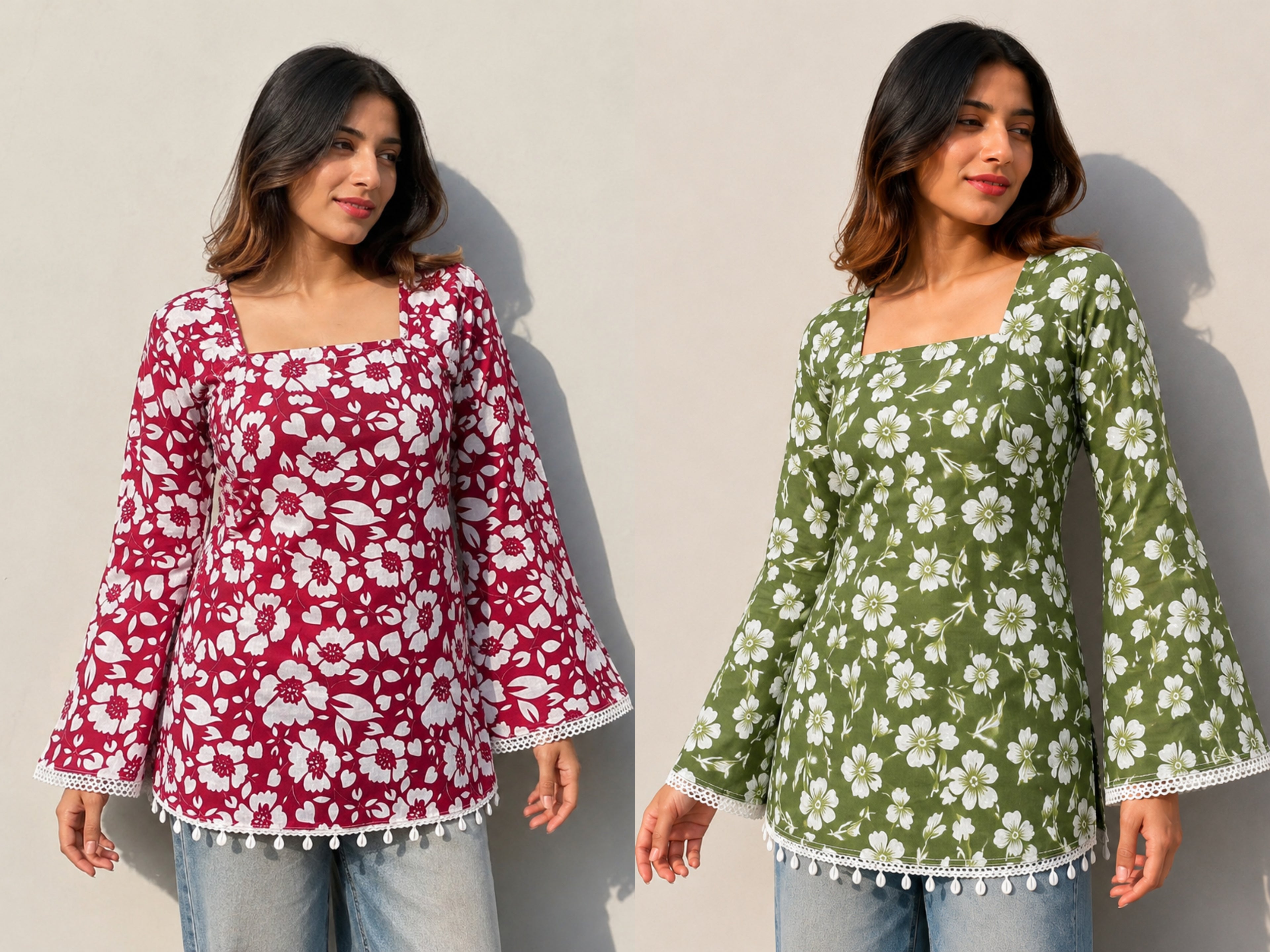Women Floral Printed Maroon and Olive Green Cotton Short Kurti Combo Pack of 2 | Square Neck | Full Bell Sleeves | Back Dori | Kodi Lace Detailing