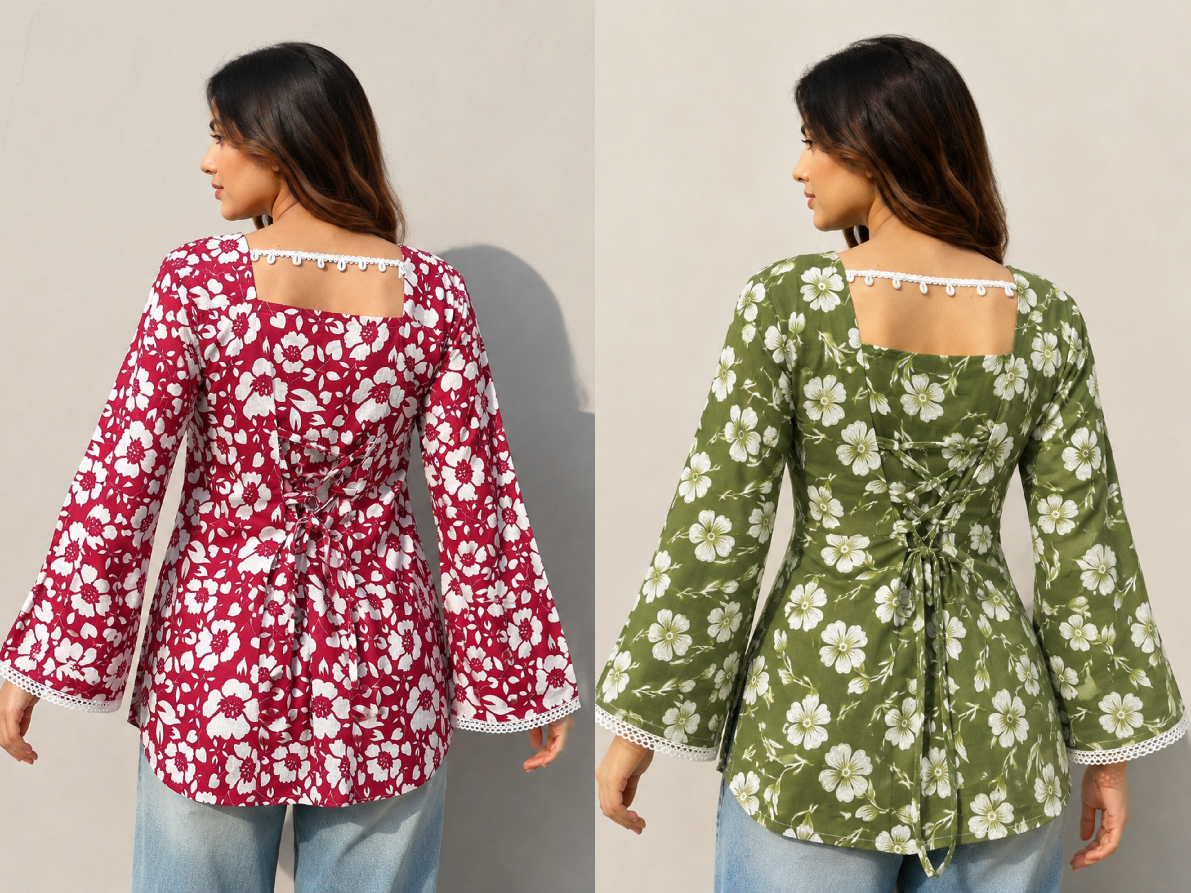 Women Floral Printed Maroon and Olive Green Cotton Short Kurti Combo Pack of 2 | Square Neck | Full Bell Sleeves | Back Dori | Kodi Lace Detailing