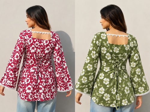 Women Floral Printed Maroon and Olive Green Cotton Short Kurti Combo Pack of 2 | Square Neck | Full Bell Sleeves | Back Dori | Kodi Lace Detailing