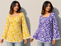 Women Floral Printed Purple and Yellow Cotton Short Kurti Combo Pack of 2 | Square Neck | Full Bell Sleeves | Back Dori | Kodi Lace Detailing
