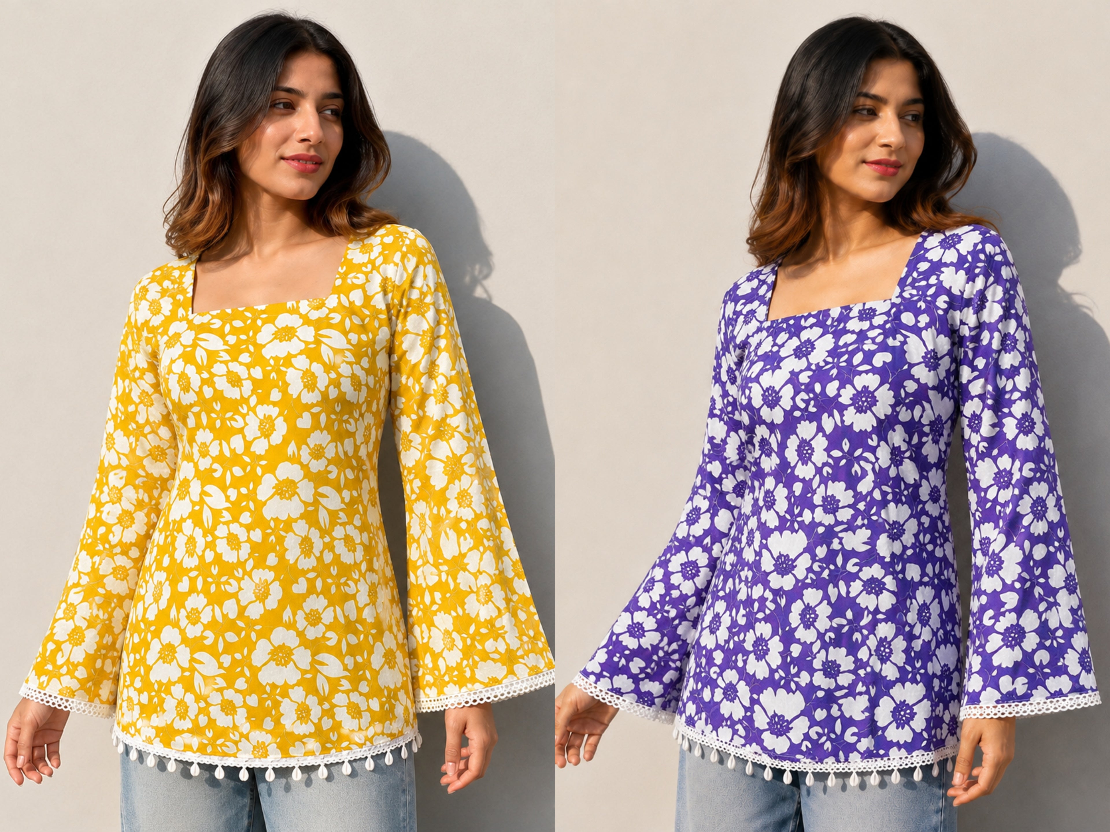 Women Floral Printed Purple and Yellow Cotton Short Kurti Combo Pack of 2 | Square Neck | Full Bell Sleeves | Back Dori | Kodi Lace Detailing
