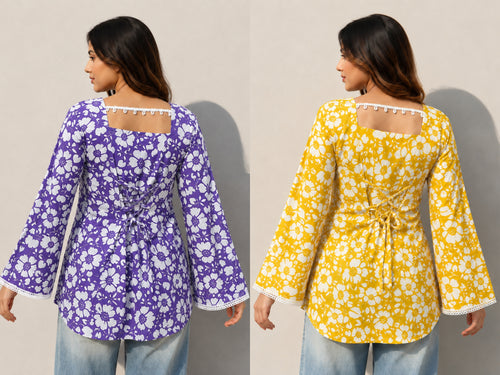 Women Floral Printed Purple and Yellow Cotton Short Kurti Combo Pack of 2 | Square Neck | Full Bell Sleeves | Back Dori | Kodi Lace Detailing